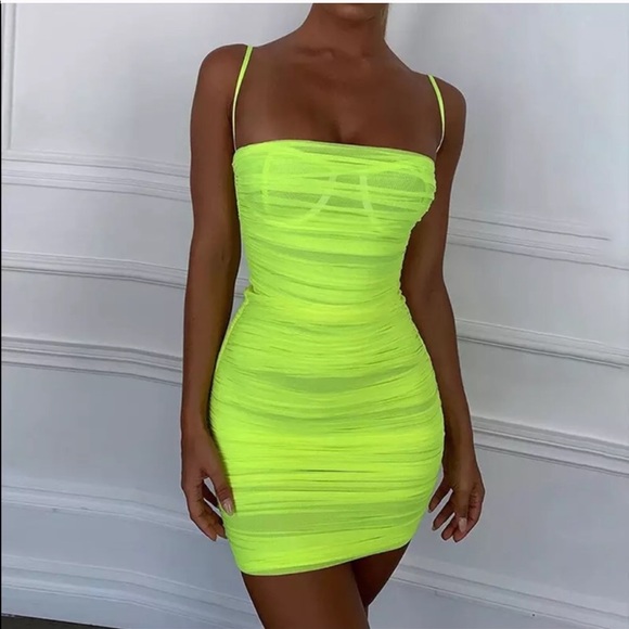 Dresses | Neon Yellow Mesh Ruched Club Mini Dress | Poshmark